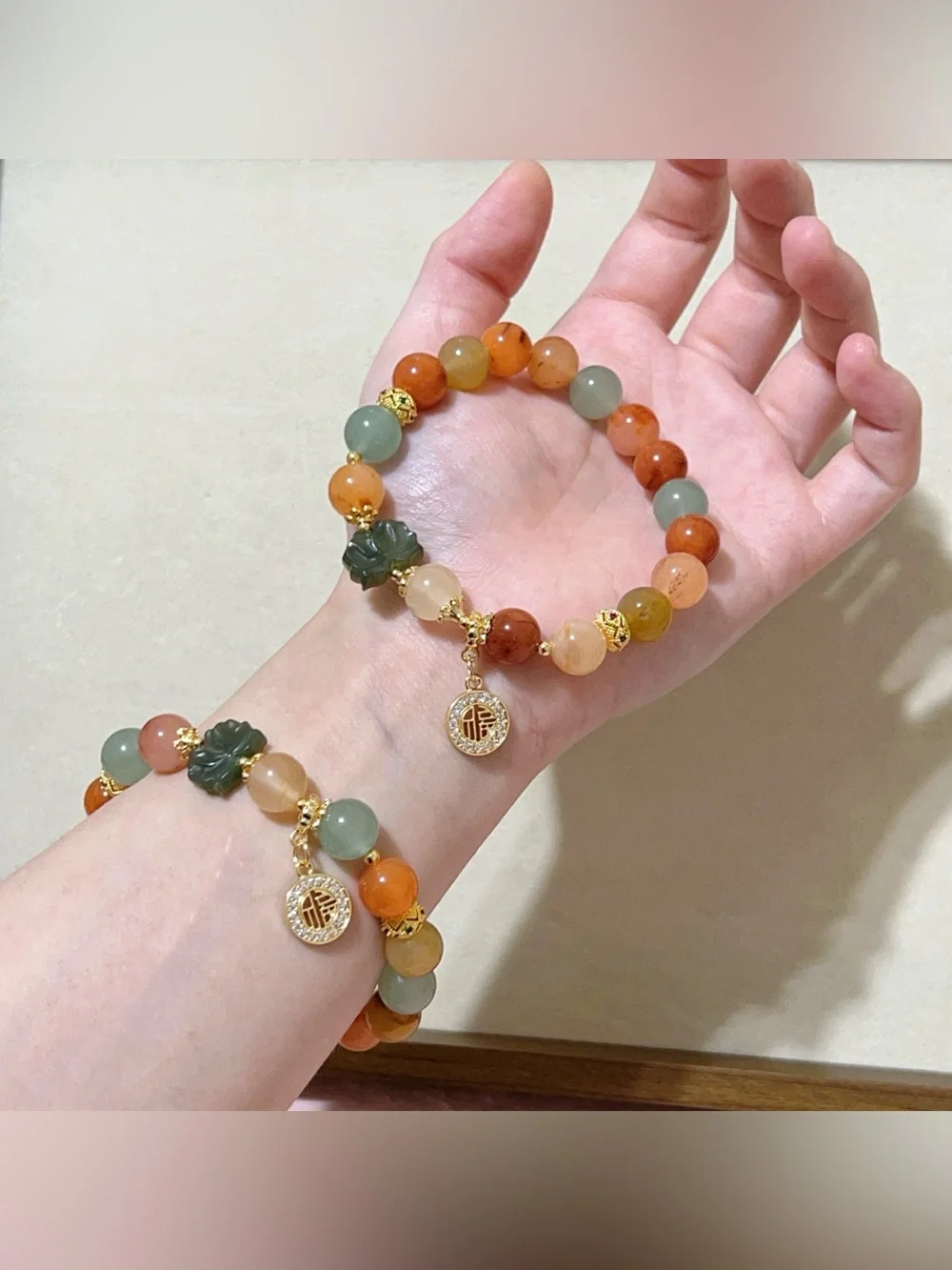 Handmade GoldenSilk Jade Bracelet ｜ Green Jade Lotus Charm & Lucky Fu福Dangle